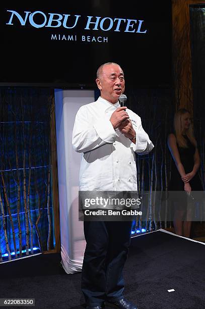 Chef Nobu Matsuhisa speaks onstage during theNobu Hotel Miami Beach launch VIP cocktail at Nobu Next Door on November 7, 2016 in New York City.