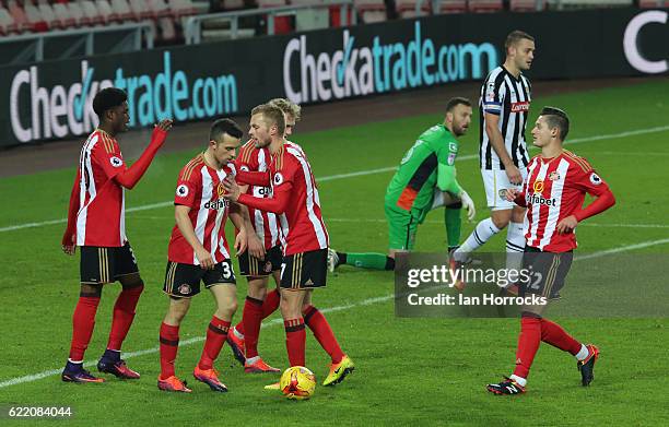 Sunderland players celebrate the first Sunderland goal during the Checkatrade Trophy group stage match between Sunderland and Notts County at Stadium...