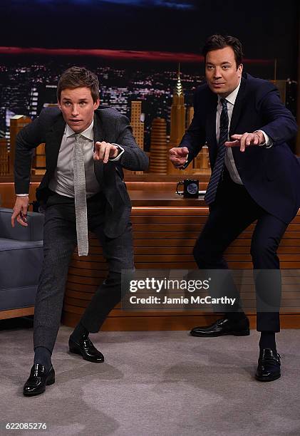 Eddie Redmayne and host Jimmy Fallon during a segment on "The Tonight Show Starring Jimmy Fallon" at Rockefeller Center on November 9, 2016 in New...