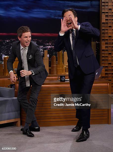 Eddie Redmayne and host Jimmy Fallon during a segment on "The Tonight Show Starring Jimmy Fallon" at Rockefeller Center on November 9, 2016 in New...