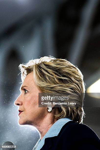 Democratic presidential nominee former Secretary of State Hillary Clinton greets supporters during a campaign rally at Goodyear Hall and Theatre on...
