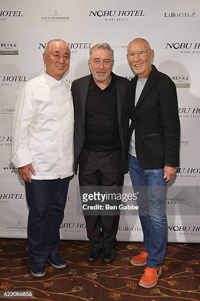 Chef Nobu Matsuhisa, actor Robert DeNiro and producer Meir Teper attend Nobu Hotel Miami Beach launch VIP cocktail at Nobu Next Door on November 7,...