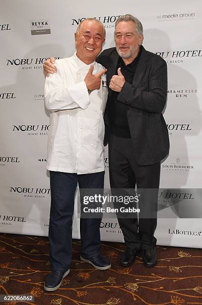 Chef Nobu Matsuhisa and actor Robert DeNiro attend Nobu Hotel Miami Beach launch VIP cocktail at Nobu Next Door on November 7, 2016 in New York City.