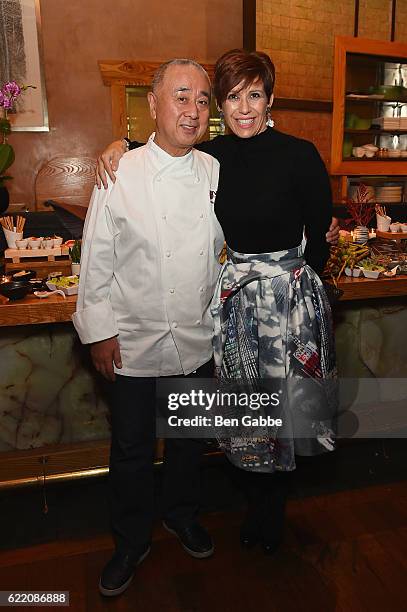 Chef Nobu Matsuhisa and GM of Nobu Hotel Miami Beach Laurence Dubey attend Nobu Hotel Miami Beach launch VIP cocktail at Nobu Next Door on November...