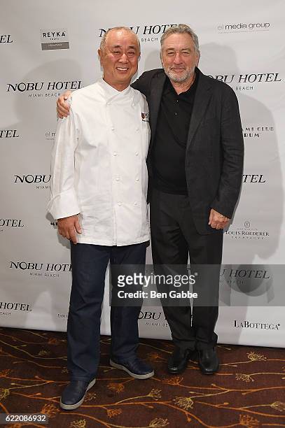 Chef Nobu Matsuhisa and actor Robert DeNiro attend Nobu Hotel Miami Beach launch VIP cocktail at Nobu Next Door on November 7, 2016 in New York City.
