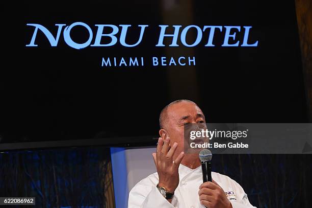 Chef Nobu Matsuhisa speaks onstage during theNobu Hotel Miami Beach launch VIP cocktail at Nobu Next Door on November 7, 2016 in New York City.
