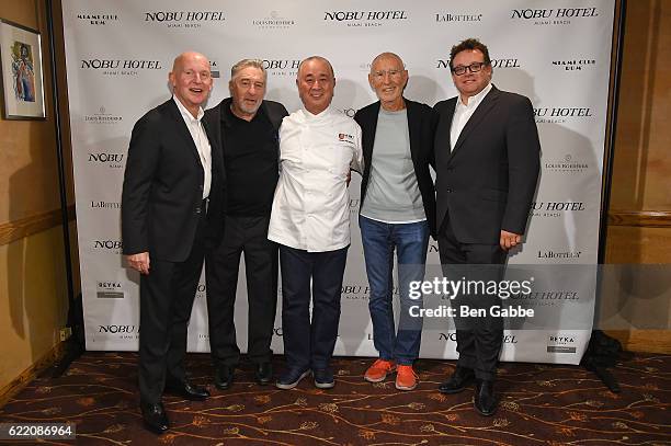 Trevor Horwell, Robert DeNiro, Nobu Matsuhisa, Meir Teper and Straun MacKenzie attend Nobu Hotel Miami Beach launch VIP cocktail at Nobu Next Door on...