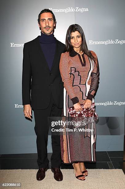 Goncalo Lopez and Bev Malik attend the opening of Ermenegildo Zegna new boutique in London at Ermenegildo Zegna Boutique on November 9, 2016 in...