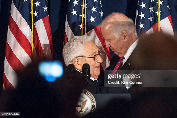 Former Secretary of State Henry Kissinger delivers remarks introduces Vice President Joe Biden speaks after receiving the annual Theodor Herzl Award...