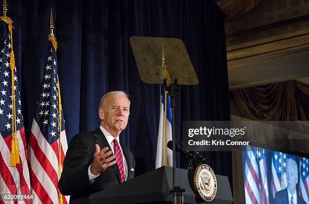 Vice President Joe Biden speaks after receiving the annual Theodor Herzl Award during the 2016 World Jewish Congress Herzl Award Dinner at The Pierre...