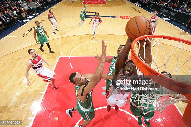 Andrew Nicholson of the Washington Wizards dunks against the Boston Celtics during the game on November 9, 2016 at Verizon Center in Washington, DC....