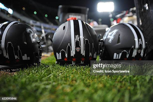 General view of Northern Illinois Huskies helmets in the first half during a Mid-American Conference football game between the Toledo Rockets and...