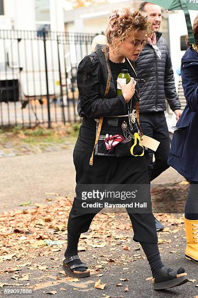Actress Helena Bonham Carter is seen on the set of 'Ocean's Eight' in the Brooklyn borough of New York City on November 9, 2016 in New York City.