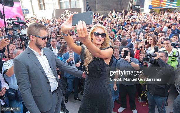 Paris Hilton arrives to a press conference to promote her new shoe collection Spring/Summer 2017 on November 09, 2016 in Torreon, Mexico.