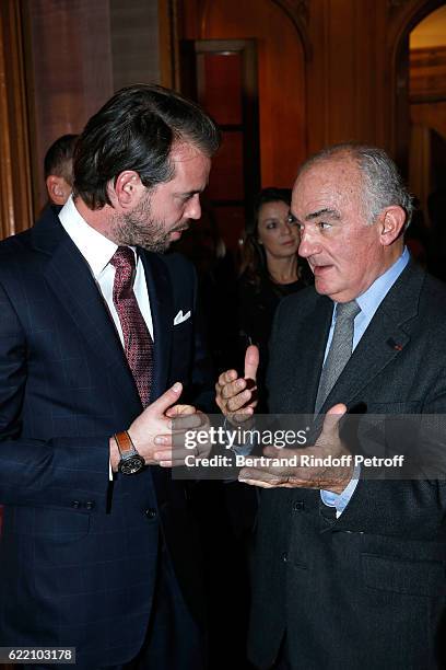 Prince Felix de Luxembourg and Count Jean des Cars attend Stephane Bern signs his Book "Mon Luxembourg" at Residence of the Ambassador of Luxembourg...