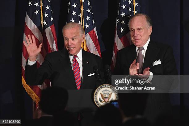 Vice President Joe Biden and WJC World Jewish Congress President Ronald S. Lauder at the 2016 World Jewish Congress Herzl Award Dinner at The Pierre...