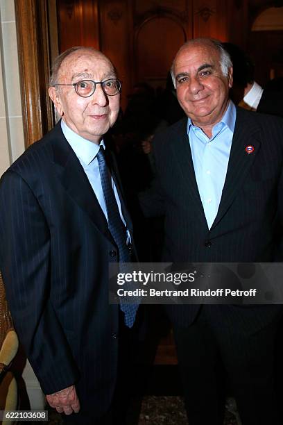 Louis Bern and Serge Trigano attend Stephane Bern signs his Book "Mon Luxembourg" at Residence of the Ambassador of Luxembourg on November 9, 2016 in...