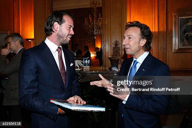 Prince Felix de Luxembourg and Stephane Bern attend Stephane Bern signs his Book "Mon Luxembourg" at Residence of the Ambassador of Luxembourg on...