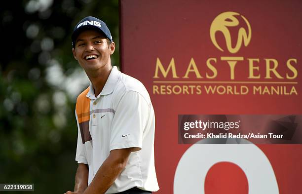 Johannes Veerman of USA plays a shot during round one for the Resorts World Manila Masters at Manila Southwoods Golf and Country Club on November 10,...