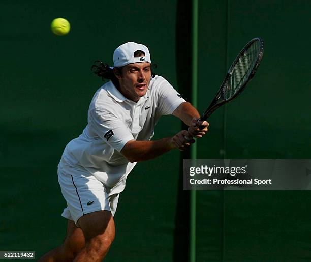 Sebastien Grosjean of France in action against Wesley Moodie of South Africa at the Wimbledon Tennis Championships 28 June, 2003 in Wimbledon,...