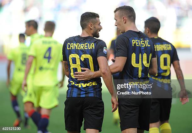 Antonio Candreva and Ivan Perisic of Inter during the Serie A match between FC Internazionale and Bologna FC at Stadio Giuseppe Meazza on September...