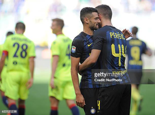 Antonio Candreva and Ivan Perisic of Inter during the Serie A match between FC Internazionale and Bologna FC at Stadio Giuseppe Meazza on September...
