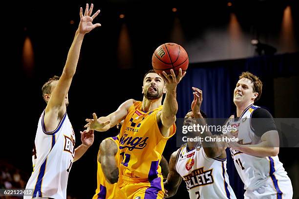 Kevin Lisch of the Kings shoots during the round six NBL match between the Brisbane Bullets and the Sydney Kings at the Brisbane Convention &...