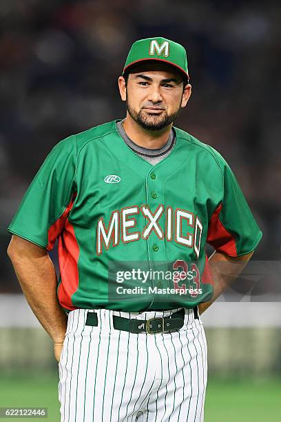 Infielder Adrian Gonzalez of Mexico is introduced prior to the international friendly match between Japan and Mexico at the Tokyo Dome on November...