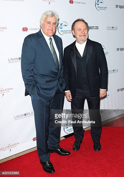 Comedian Jay Leno and Actor Billy Crystal attend the 2016 Women's Guild Cedars-Sinai Annual Gala at The Beverly Hilton Hotel on November 9, 2016 in...
