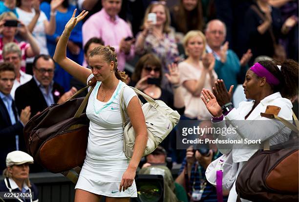 Serena Williams of the USA applauds Petra Kvitova of the Czech Republic after defeating her in their Ladies' Singles quarterfinal match on day eight...