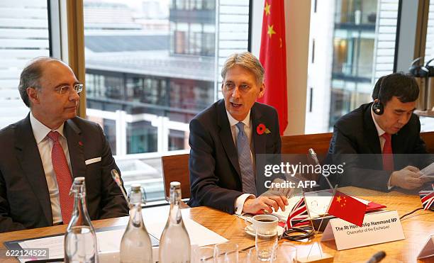 British Chancellor of the Exchequer Philip Hammond , London Stock Exchange Group CEO Xavier Rolet , and Bank of China chairman Tian Guoli attend a...