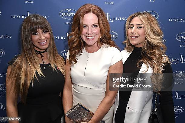 Janet Muradian, Ally Coulter and Maria Castellanos attend the Luxury Living Hosts Bugatti Home Collection Launch at Petersen Automotive Museum on...