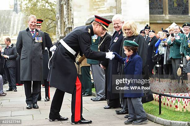 Prince Harry greets a child at the Fields of Remembrance at Westminster Abbey on November 10, 2016 in London, England.