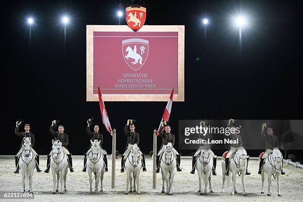Riders and Lipizzan horses from the Spanish Riding School of Vienna take part in a photocall to promote their upcoming performances at Wembley Arena...