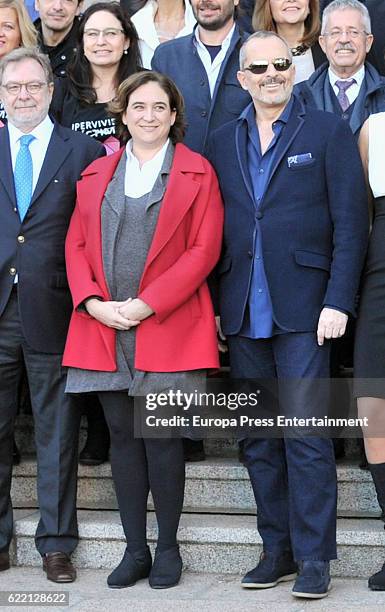 Juan Luis Cebrian, Ada Colau and Miguel Bose attend the reception to the Ondas Awards 2016 winners press conference at the Albeniz Palace on November...