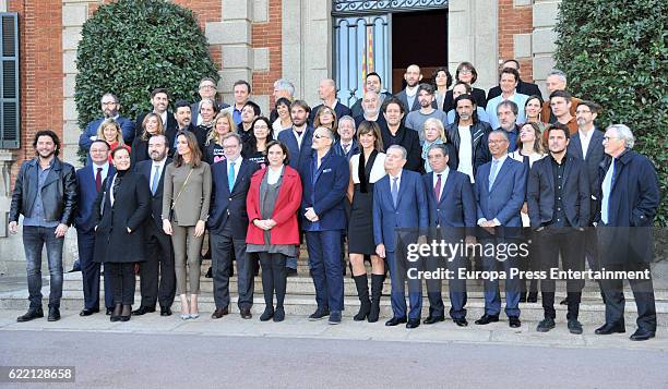 Juan Luis Cebrian, Ada Colau and winners attend the reception to the Ondas Awards 2016 winners press conference at the Albeniz Palace on November 9,...