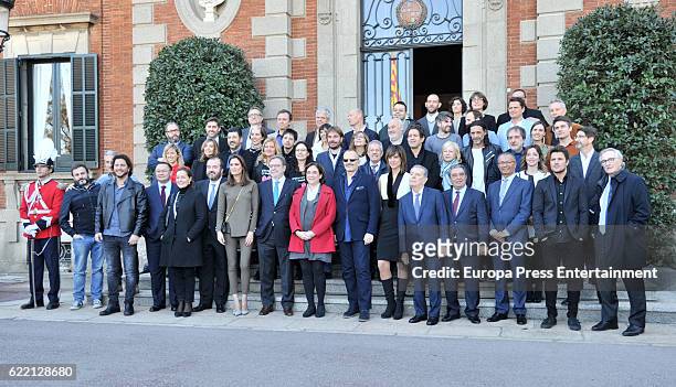 Juan Luis Cebrian, Ada Colau and winners attend the reception to the Ondas Awards 2016 winners press conference at the Albeniz Palace on November 9,...