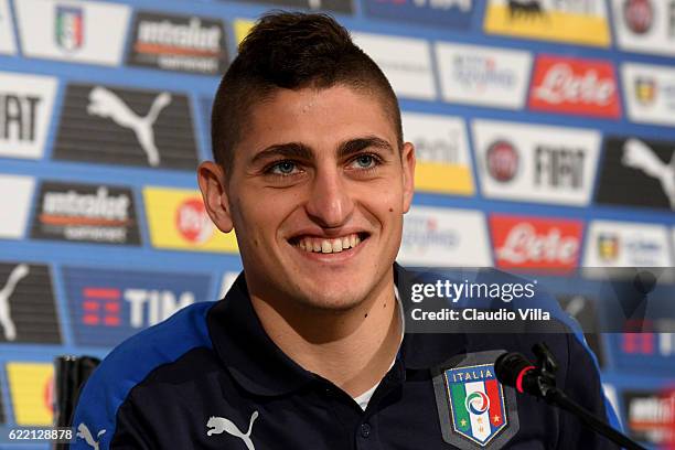 Marco Verratti of Italy speaks to the media during a press conference at the club's training ground at Coverciano on November 10, 2016 in Florence,...