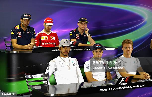 The Drivers Press Conference featuring Daniel Ricciardo of Australia and Red Bull Racing, Sebastian Vettel of Germany and Ferrari, Max Verstappen of...