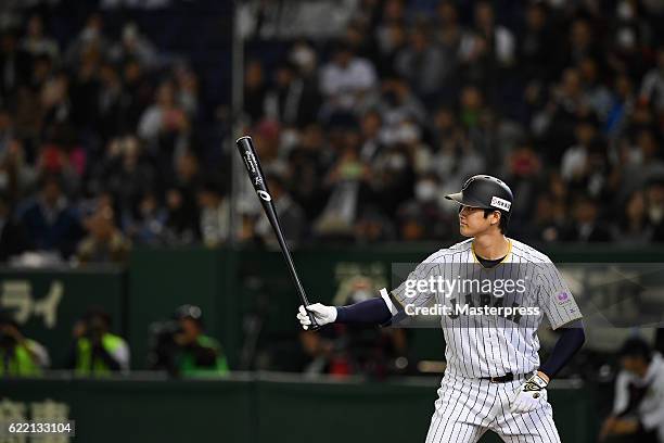 Pinch hitter Shohei Ohtani of Japan at bat in the eighth inning during the international friendly match between Japan and Mexico at the Tokyo Dome on...