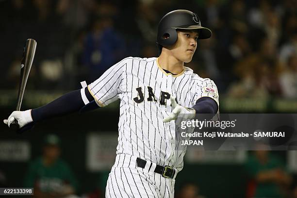 Pinch hitter Shohei Ohtani of Japan at bat in the eighth inning during the international friendly match between Japan and Mexico at the Tokyo Dome on...