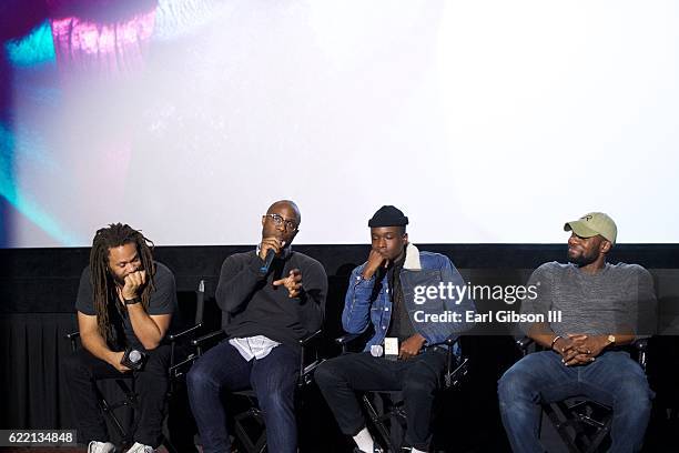 Panelist Film Executive Franklin Leonard, Filmmaker Barry Jenkins, Actor Ashton Sanders and actor Trevante speak onstage at the ICON MANN Hosts...