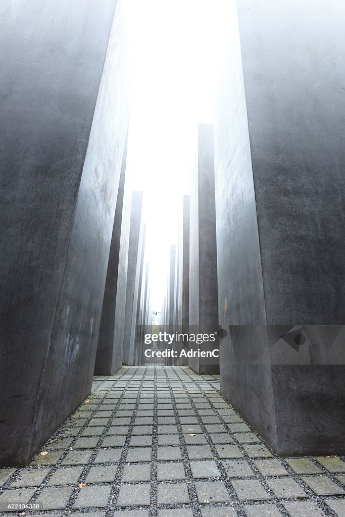 View inside the Berlin Holocaust memorial in black and white