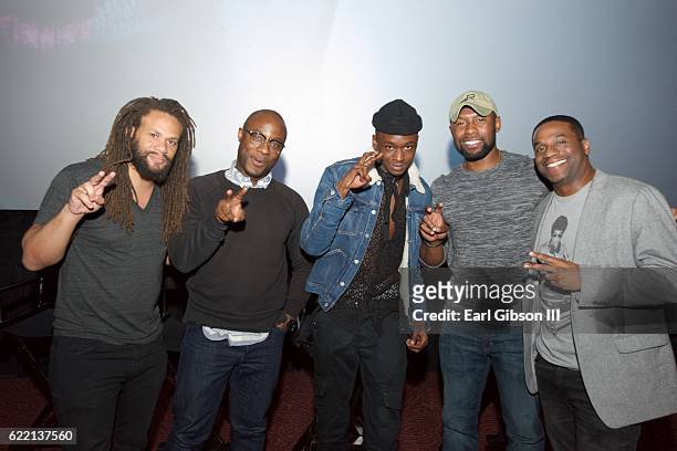 Film Executive Franklin Leonard, filmmaker Barry Jenkins, actor Ashton Sanders, actor Trevante Rhodes and James Lopez pose for a photo at the ICON...