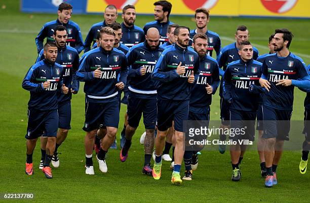 Players of Italy in action during the training session at the club's training ground at Coverciano on November 10, 2016 in Florence, Italy.