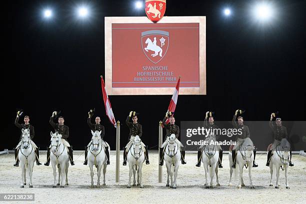 Horse riders from the Spanish Riding School of Vienna perform during their 450th Anniversary tour in London, United Kingdom on November 10, 2016. The...