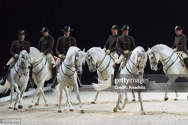 Horse riders from the Spanish Riding School of Vienna perform during their 450th Anniversary tour in London, United Kingdom on November 10, 2016. The...