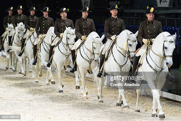 Horse riders from the Spanish Riding School of Vienna perform during their 450th Anniversary tour in London, United Kingdom on November 10, 2016. The...