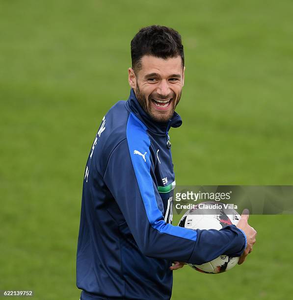 Antonio Candreva of Italy smiles during the training session at the club's training ground at Coverciano on November 10, 2016 in Florence, Italy.