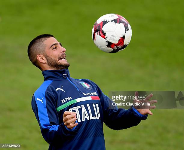 Lorenzo Insigne of Italy in action during the training session at the club's training ground at Coverciano on November 10, 2016 in Florence, Italy.